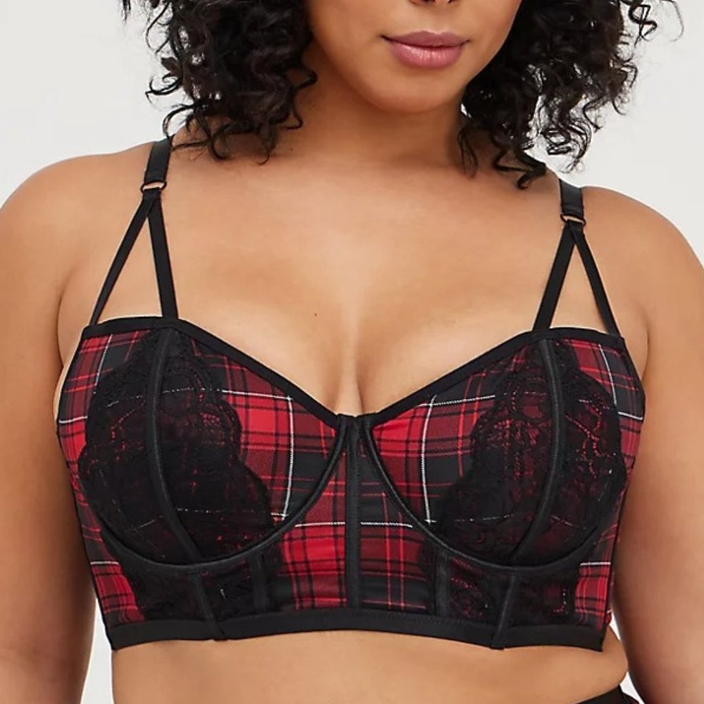 Torrid Size 2X 18-20 Unlined Longline Strappy Bralette - Plaid Red & Black
